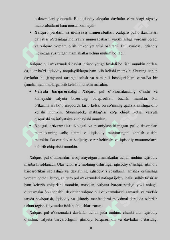XALQARO PUL O'TKAZMALARINING O'ZBEKISTON IQTISODIYOTINING RIVOJLANISHIDAGI ROLI 8