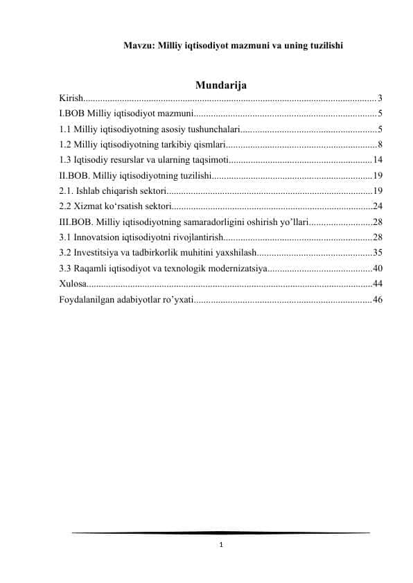 Milliy iqtisodiyot mazmuni va uning tuzilishi kurs ishi.Milliy iqtisodiyot mazmuni va uning tuzilishi