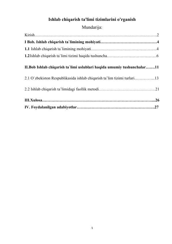 Ishlab chiqarish ta'limi tizimlarini o'rganish