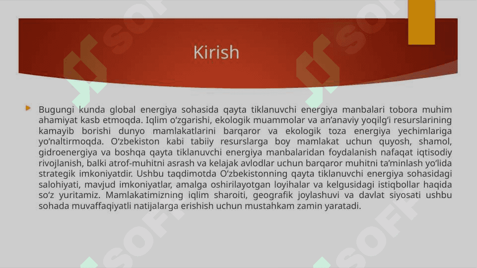 Qayta tiklanuvchi energiya manbalari. O‘zbekiston salohiyati. 3
