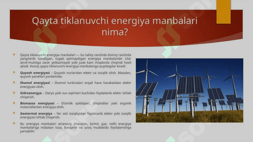 Qayta tiklanuvchi energiya manbalari. O‘zbekiston salohiyati. 4