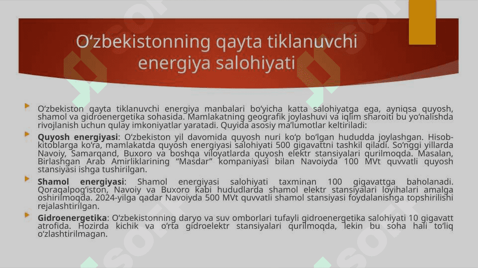 Qayta tiklanuvchi energiya manbalari. O‘zbekiston salohiyati. 6