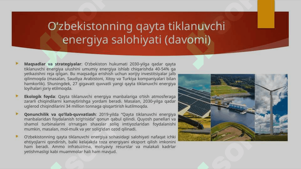 Qayta tiklanuvchi energiya manbalari. O‘zbekiston salohiyati. 7