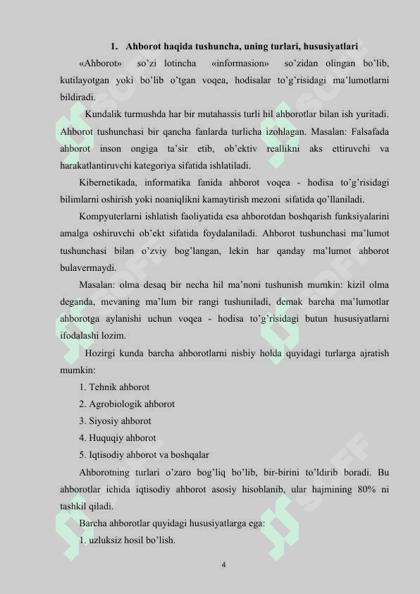 Axborot resurslari va uning  jamiyatdagi o’rni 4