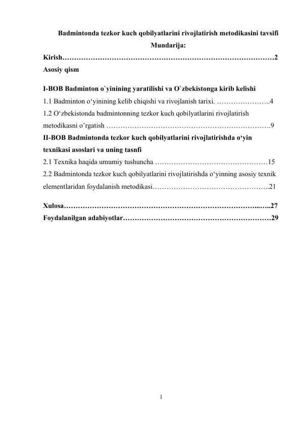 Badmintonda tezkor kuch qobilyatlarini rivojlatirish metodikasini tavsifi 1