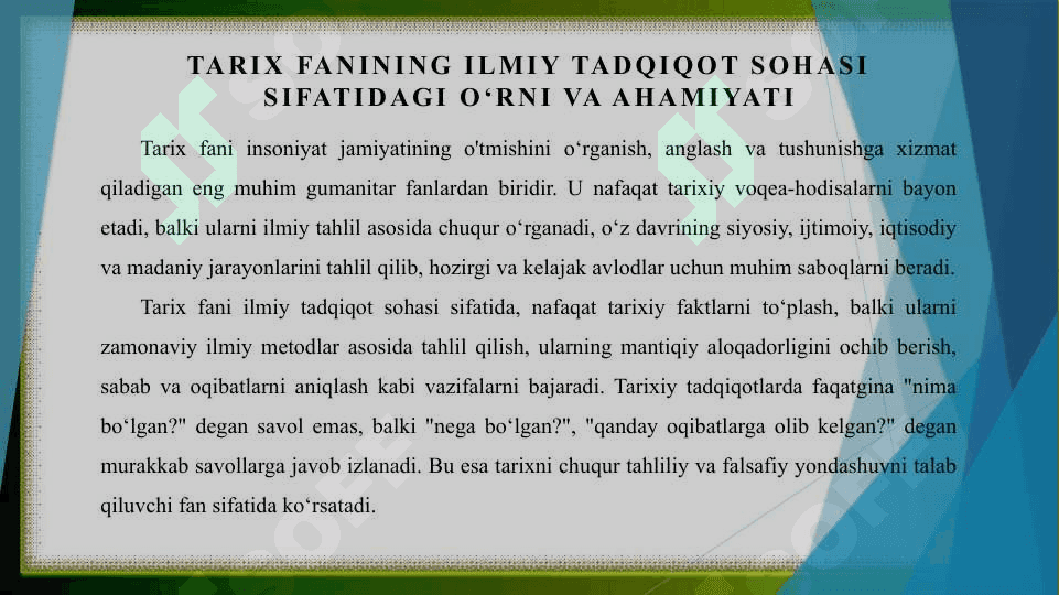 Tarix fani ilmiy tadqiqot ishlarini tashkillashtirish tamoyillari 3