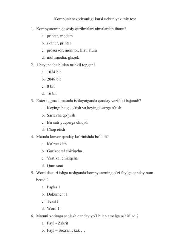 Kompyuter savodxonligi fanidan test (boshlangʻich daraja)