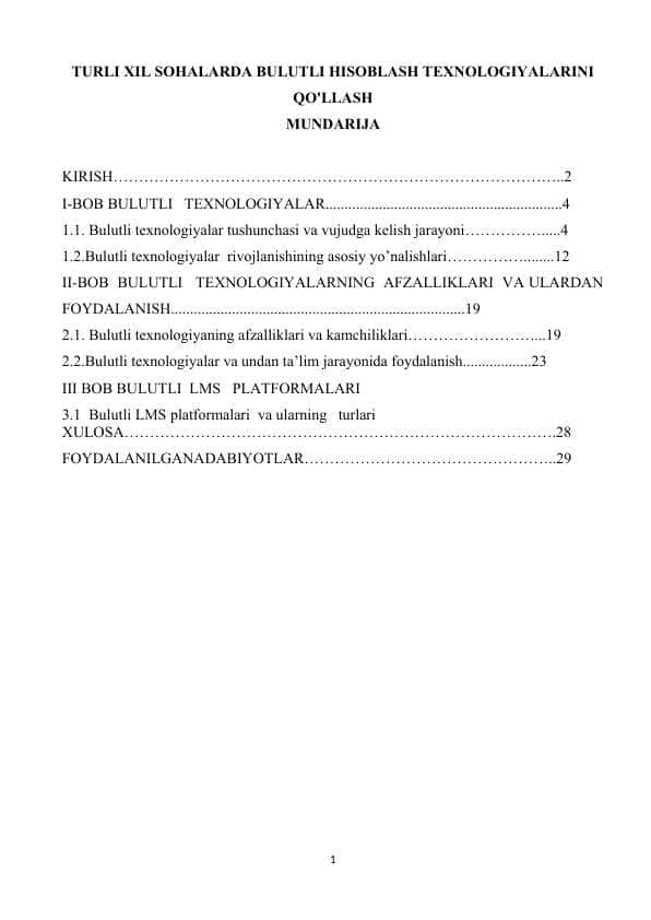 TURLI XIL SOHALARDA BULUTLI HISOBLASH TEXNOLOGIYALARINI QO'LLASH