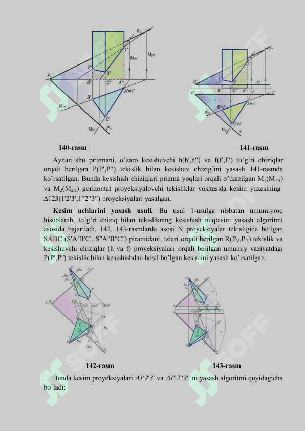 So‘nggi bosqichda ∆ABD  tekis shaklning  H  ga jipslashtirilgan holati aniqlanadi.  1''1  nuqtadan  P  tekislikning  h  gorizontalini jipslashtirilgan  h''1 holati  PHga parallel qilib o‘tkaziladi. A' dan PH izga perpendikular qilib o‘tkazilgan bog‘lovchi chiziq h''1ni kesib, A nuqtaning jipslashtirilgan  A''1proyeksiyasini aniqlaydi. B nuqta  PVda  yotganligi  uchun  uning  jipslashtirilgan  B''1proyeksiyasi  P1Vda  bo‘ladi 2