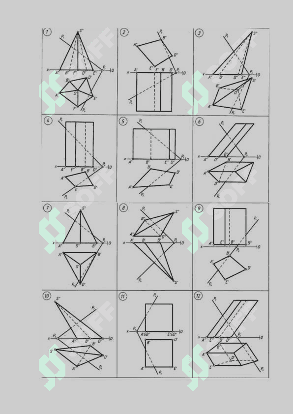 So‘nggi bosqichda ∆ABD  tekis shaklning  H  ga jipslashtirilgan holati aniqlanadi.  1''1  nuqtadan  P  tekislikning  h  gorizontalini jipslashtirilgan  h''1 holati  PHga parallel qilib o‘tkaziladi. A' dan PH izga perpendikular qilib o‘tkazilgan bog‘lovchi chiziq h''1ni kesib, A nuqtaning jipslashtirilgan  A''1proyeksiyasini aniqlaydi. B nuqta  PVda  yotganligi  uchun  uning  jipslashtirilgan  B''1proyeksiyasi  P1Vda  bo‘ladi 4