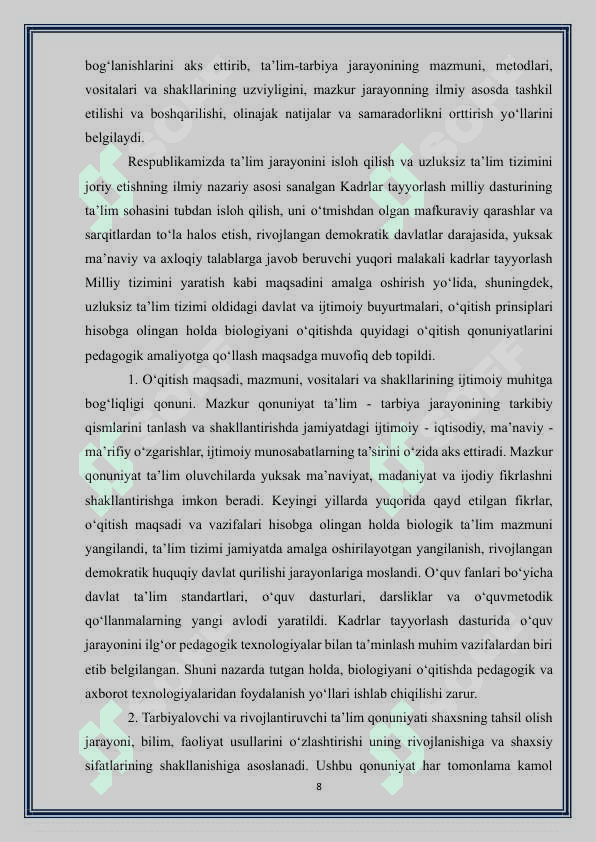MAVZU: BIOLOGIOYANI O`QITISHDA TA’LIM-TARBIYA UZVIYLIGI 1