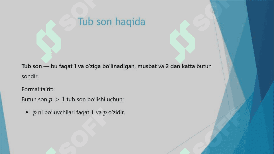 Berilgan musbat sondan katta bo’lmagan  tub soni 2