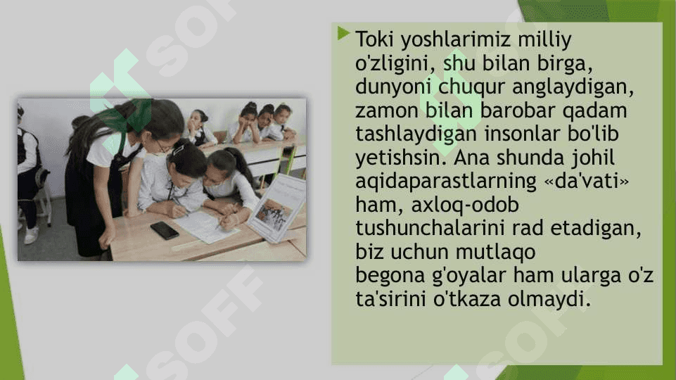 Fikrga qarshi fikr gʻoyaga qarshi gʻoya, jaholatga qarshi maʼrifat degan tamoyil  madaniyatining asosiy gʻoyasi sifatida 4