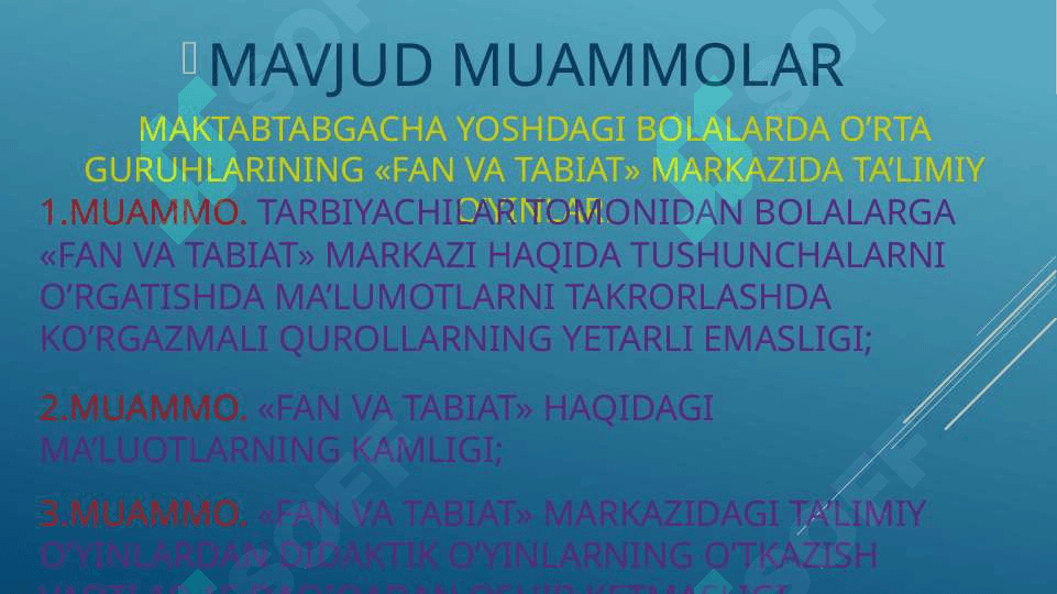 Maktabtabgacha yoshdagi bolalarda o’rta guruhlarining «Fan va tabiat» markazida ta’limiy o’yinlar 4