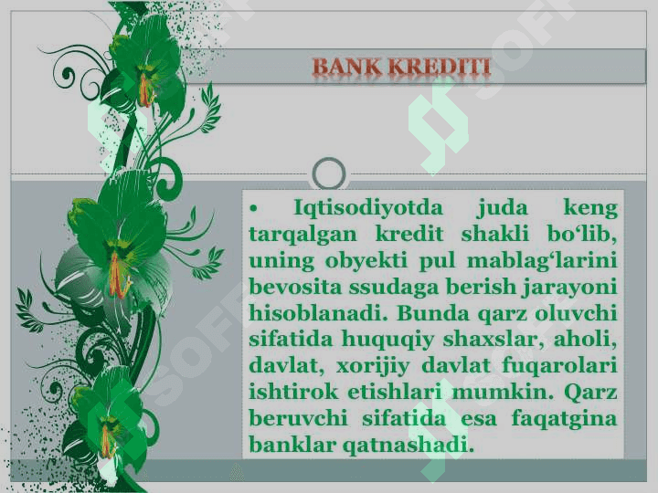 Kredit turlari. Banklarning kelib chiqishi. Markaziy bank va uning funksiyalari. Bank inqirozi. O'zbekistonning xalqaro valyuta munosabatlari 3