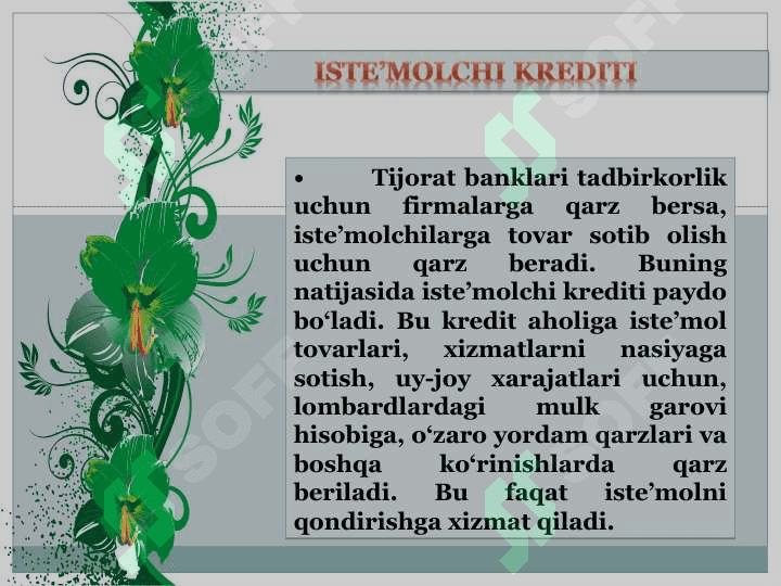 Kredit turlari. Banklarning kelib chiqishi. Markaziy bank va uning funksiyalari. Bank inqirozi. O'zbekistonning xalqaro valyuta munosabatlari 5
