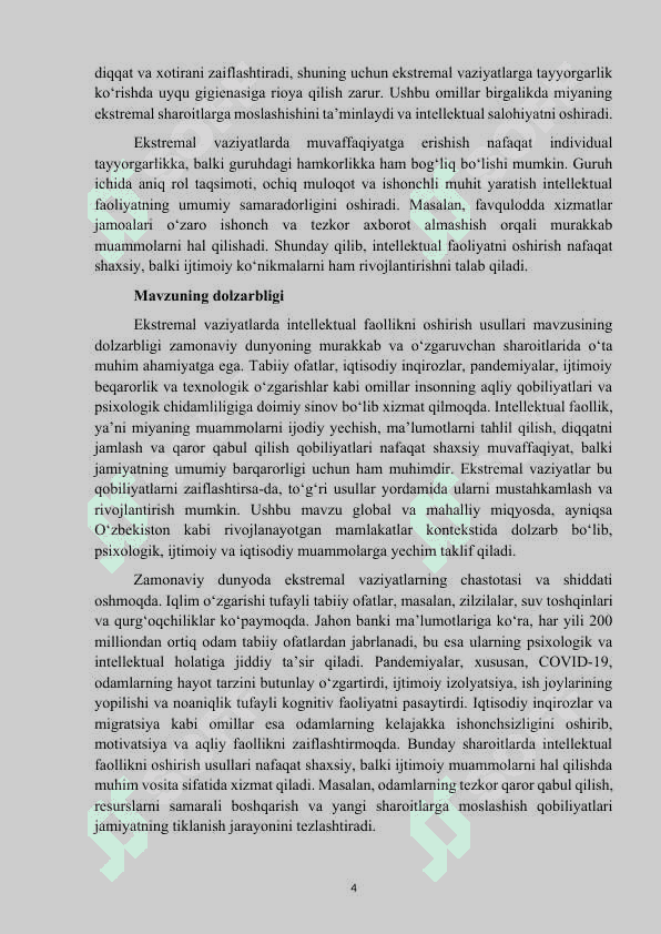Mavzu: “Ekstremal vaziyatlarda intellektual faollikni oshirish usullari” kurs ishi 4