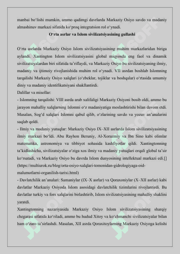 Samuel Xantingtonning “Sivilizatsiyalar to‘qnashuvi va yangi dunyo tartibi” kitobi asosida Markaziy Osiyo xalqlari tarixi bo‘yicha  tahlil 3