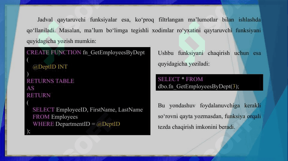 Sqlda funksiya, protseduralar va triggerlar yaratish 5