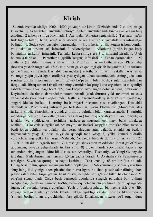 Tuxum qo’yuvchi sutemizuvchilarning hayoti 2