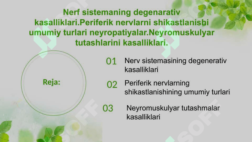 Nerf sistemaning degenarativ kasalliklari.Periferik nervlarni shikastlanishi umumiy turlari neyropatiyalar.Neyromuskulyar tutashlarini kasalliklari.Nerf sistemaning degenarativ kasalliklari.Periferik nervlarni shikastlanishi umumiy turlari neyropatiyalar.Neyromuskulyar tutashlarini kasalliklari. 2