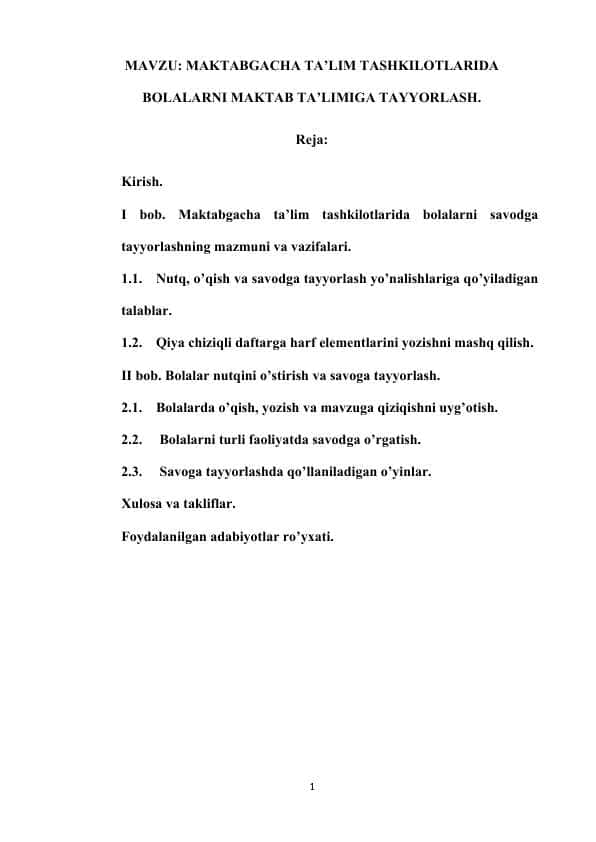 MAKTABGACHA TA’LIM TASHKILOTLARIDA BOLALARNI MAKTAB TA'LIMIGA TAYYORLASH 1