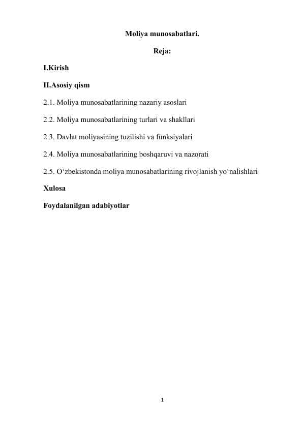 Moliya munosabatlari kurs ishi 1