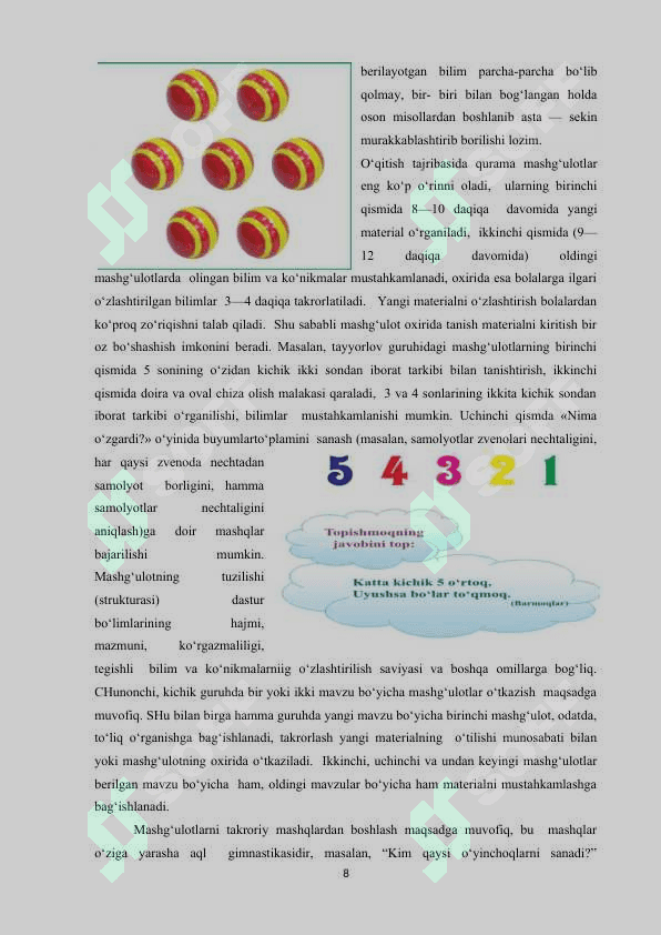 BOLALARNING MATEMATIK TASAVVURLARINI SHAKLLLANTIRISHDA QO’LLANILADIGAN KO’RGAZMALI MATERIALLAR 8