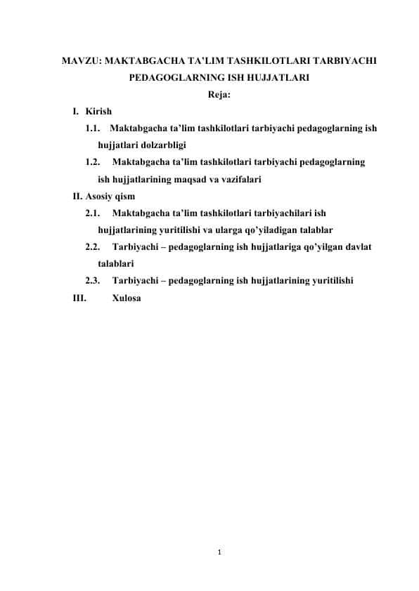 MAKTABGACHA TA’LIM TASHKILOTLARI TARBIYACHI PEDAGOGLARNING ISH HUJJATLARI 1