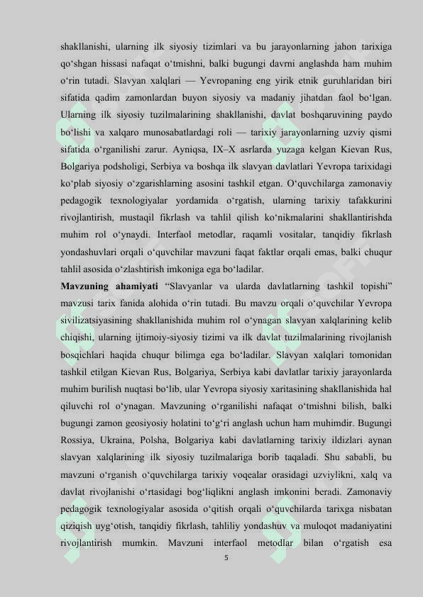 Slavyanlar va ularda davlatlarning tashkil topishi mavzusini o'tishda zamonaviy pedagogika texnologiyalardan foydalanish uslublari 5