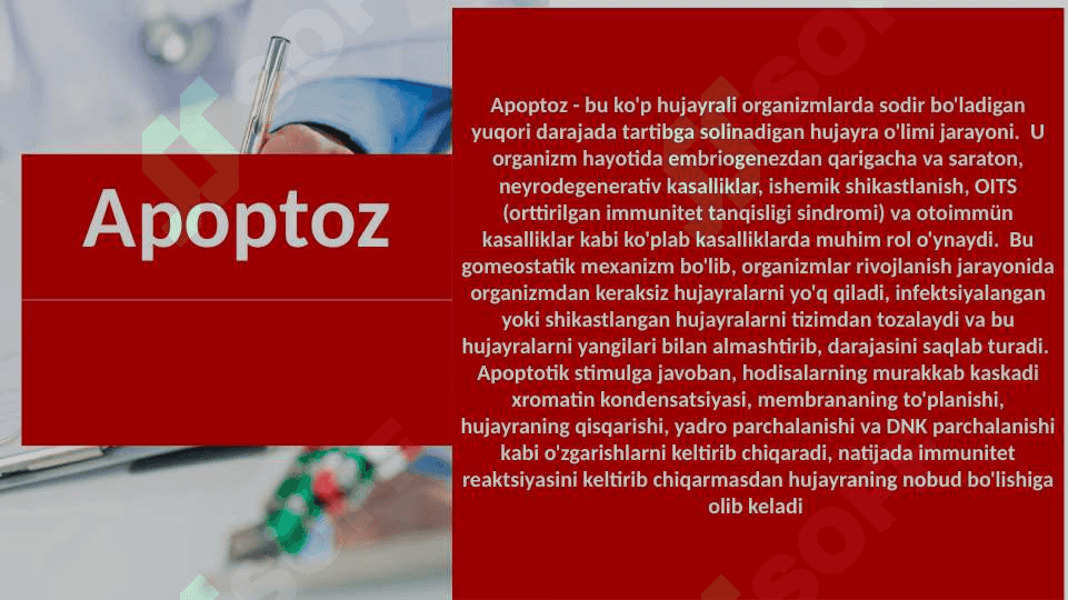 9    O‘sma xujayralarida apoptoz yo‘kolishi fenomeni. Onkologik statistikada informatsion texnologiyalar ahamiyati. Radioaktiv nurlarni biologik muxitlarga ta’siri. 2