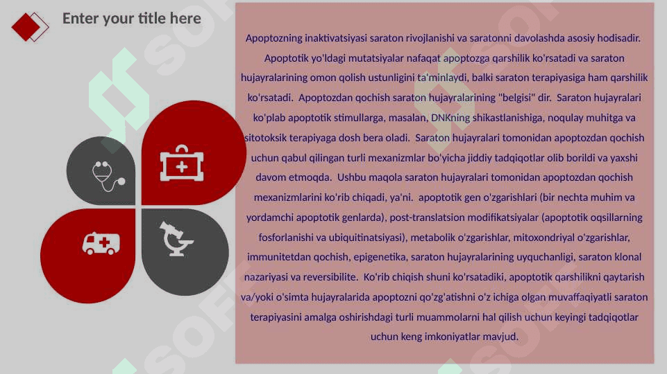 9    O‘sma xujayralarida apoptoz yo‘kolishi fenomeni. Onkologik statistikada informatsion texnologiyalar ahamiyati. Radioaktiv nurlarni biologik muxitlarga ta’siri. 3