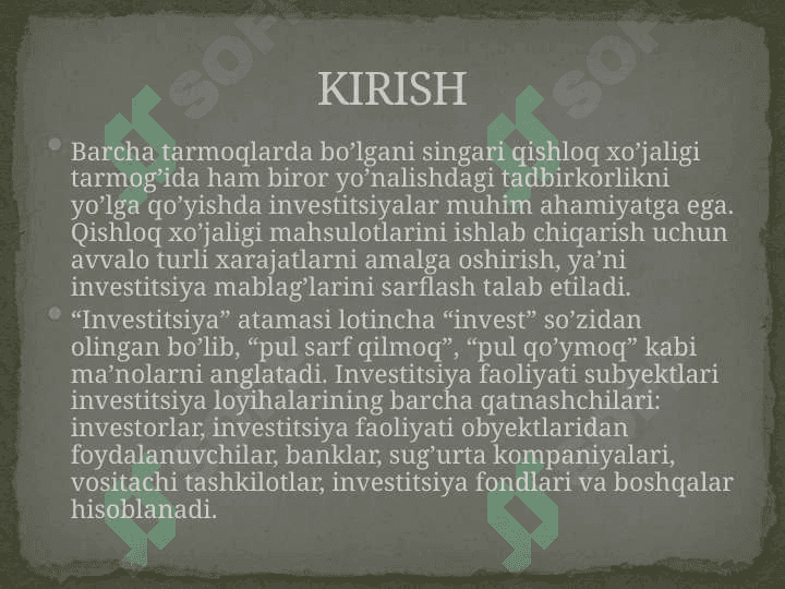 Qishloq xo'jaligida investitsiyalar hisobi va ularni moliyaviy hisobotda aks attirish. 2