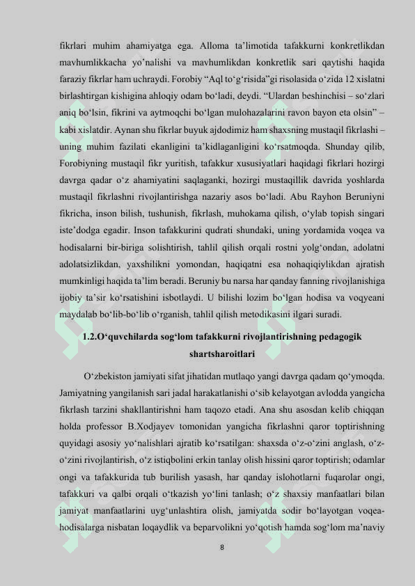 DARSDAN TASHQARI TADBIRLAR VOSITASIDA TALABALARNING MUSTAQIL TAFAKKURINI SHAKLLANTIRISH 8