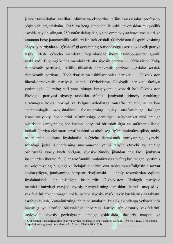 O’zbekistonda atrof-muhitni muhofaza qilish va sog’lomlashtirish yo’lidagi ijtimoiy-siyosiy jarayonlar tarixi 8
