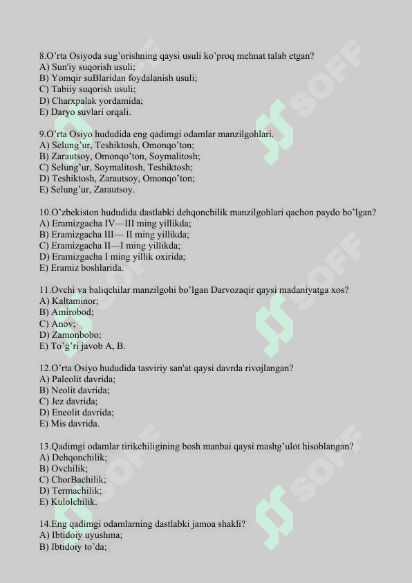 Tarixdan mavzulashtirilgan testlar 2