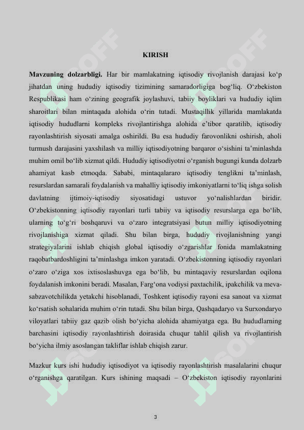 O‘ZBEKISTON RESPUBLIKASI MILLIY IQTISODIYOTINING HUDUDIY TARKIBI VA IQTISODIY RAYONLARI 3