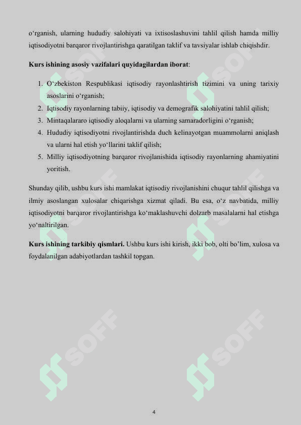 O‘ZBEKISTON RESPUBLIKASI MILLIY IQTISODIYOTINING HUDUDIY TARKIBI VA IQTISODIY RAYONLARI 4