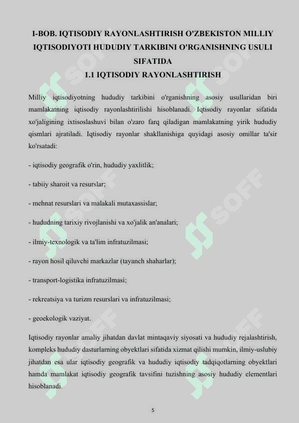 O‘ZBEKISTON RESPUBLIKASI MILLIY IQTISODIYOTINING HUDUDIY TARKIBI VA IQTISODIY RAYONLARI 5