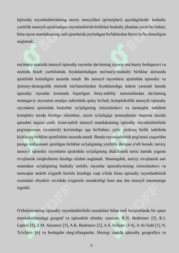 O‘ZBEKISTON RESPUBLIKASI MILLIY IQTISODIYOTINING HUDUDIY TARKIBI VA IQTISODIY RAYONLARI 6