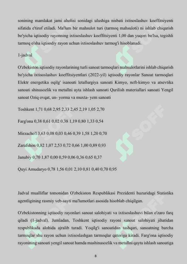 O‘ZBEKISTON RESPUBLIKASI MILLIY IQTISODIYOTINING HUDUDIY TARKIBI VA IQTISODIY RAYONLARI 8