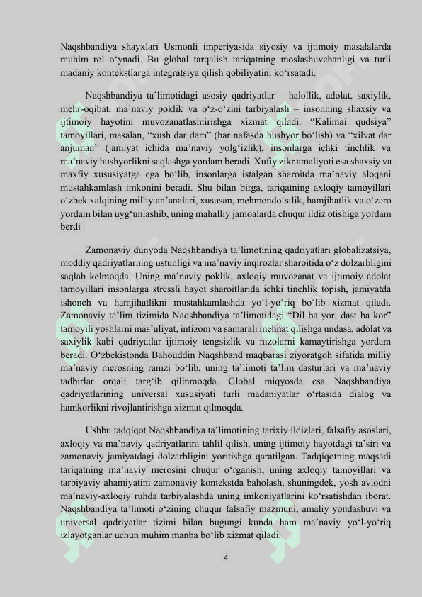 MAVZU:  NAQSHBANDIYA QADRIYATI VA UNING TA’LIMOTINING MOHIYATI. Mustaqil ish 4