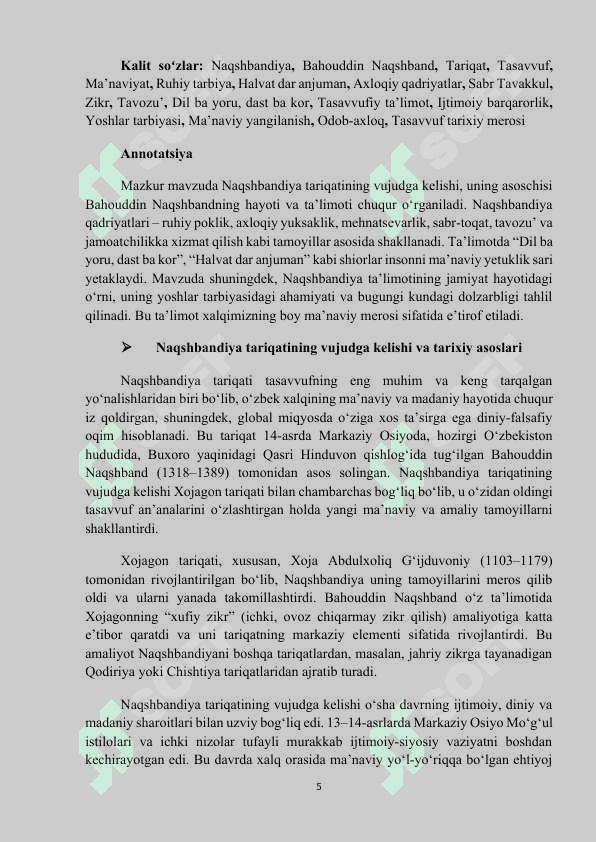 MAVZU:  NAQSHBANDIYA QADRIYATI VA UNING TA’LIMOTINING MOHIYATI. Mustaqil ish 5