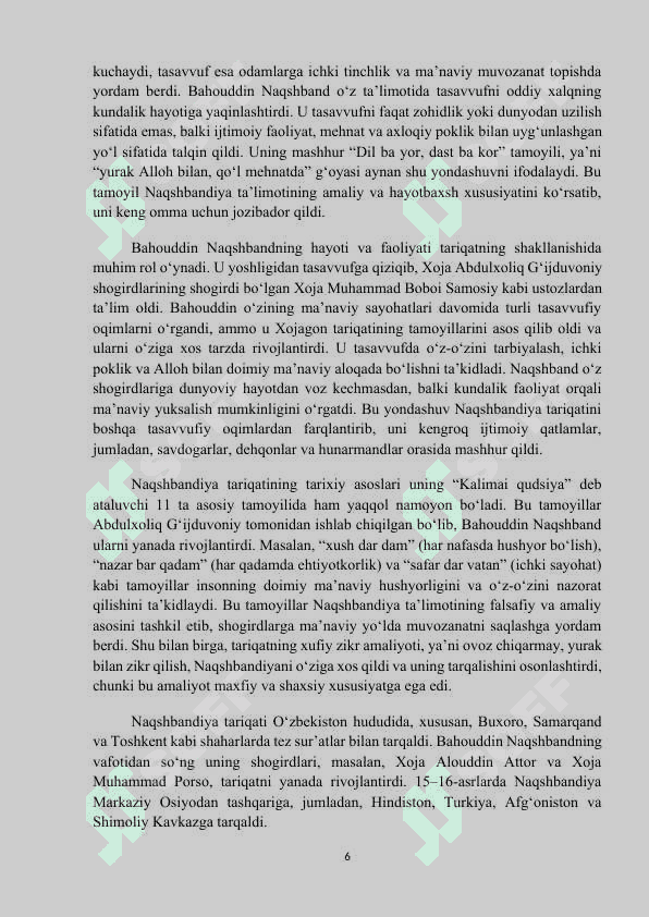 MAVZU:  NAQSHBANDIYA QADRIYATI VA UNING TA’LIMOTINING MOHIYATI. Mustaqil ish 6