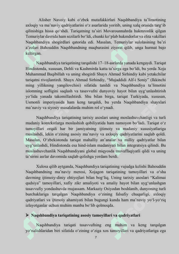 MAVZU:  NAQSHBANDIYA QADRIYATI VA UNING TA’LIMOTINING MOHIYATI. Mustaqil ish 7