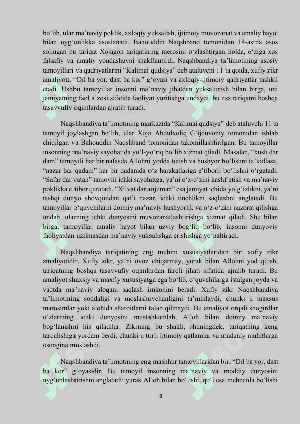 MAVZU:  NAQSHBANDIYA QADRIYATI VA UNING TA’LIMOTINING MOHIYATI. Mustaqil ish 8