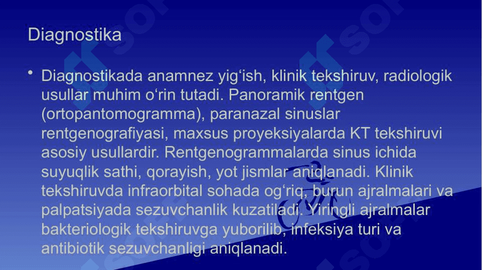 Odontogen gaymorit . Tashxislash va davolash usullari algoritmlari . Yuqori jag' bo'shlig'i perforatsiyasi . Tashxislash va davolash usullari algoritmlari 7