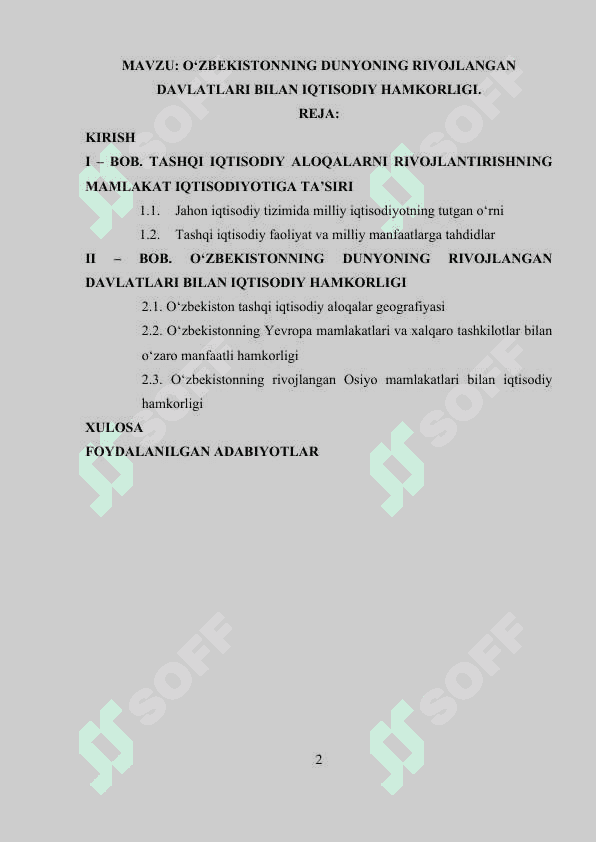 O‘ZBEKISTONNING DUNYONING RIVOJLANGAN DAVLATLARI BILAN IQTISODIY HAMKORLIGI 2