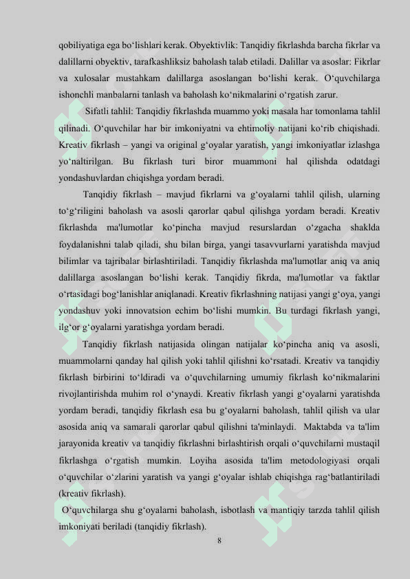 BOSHLANG ‘ICH SINF O’QUVCHILARINING KREATIVLIK QOBILIYATLARINI SHAKLLANTRISH METODIKASI 8