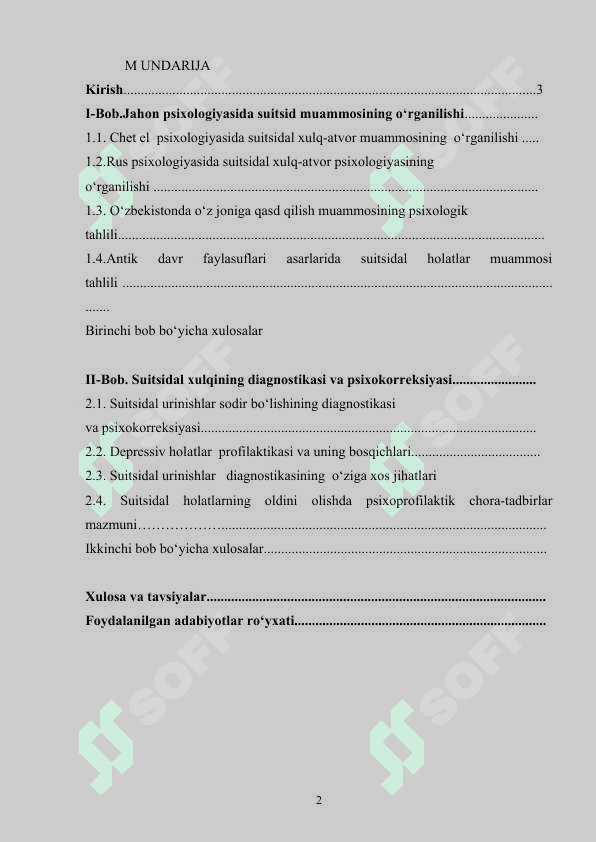 Suitsidal xulq-atvor diagnostikasi va psixokorreksiyasi”  mavzusida yozgan 2